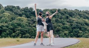 2 ladies striking post on st john's island