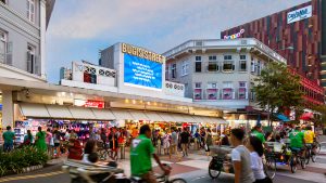 bustling street scene of bugis street