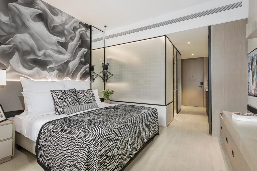 a bed in a contemporary hotel room