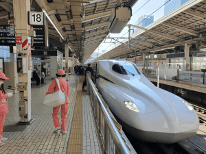 A Shinkansen bullet train stopped at a platform in Japan, with tactile paving along the boarding area.