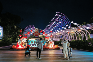 Visitors taking photos of colourful Chinese New Year decorations and illuminated arches along Sentosa Sensoryscape at night.