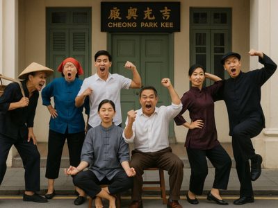 characters posing in front of a shophouse