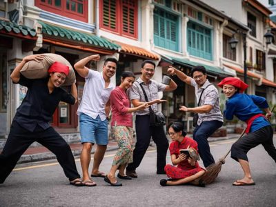 characters posing in front of a shophouse