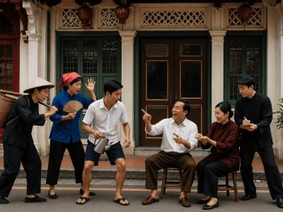 characters posing in front of a shophouse