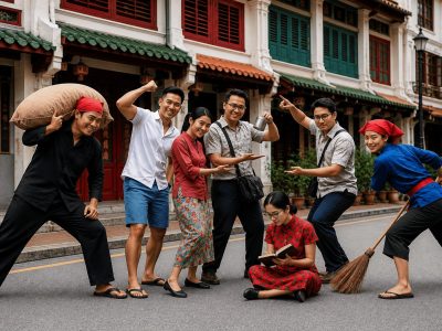 characters posing in front of a shophouse
